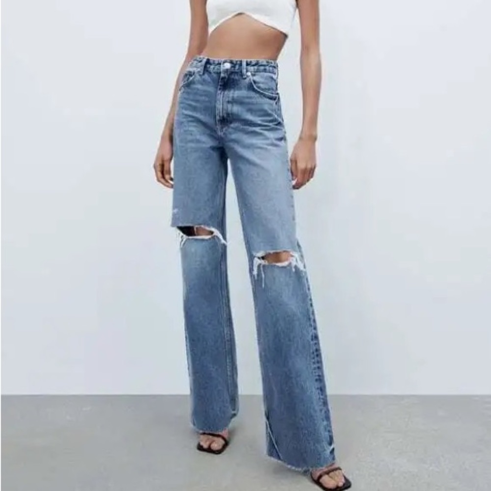 SOLD OUT NEW ZARA Full Length Wide Leg 90s Ripped Jeans Size 6